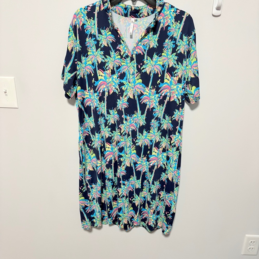 Lulu-B Tropical Palm Tree Print Shift Dress Women Navy Size 1X Short Sleeve